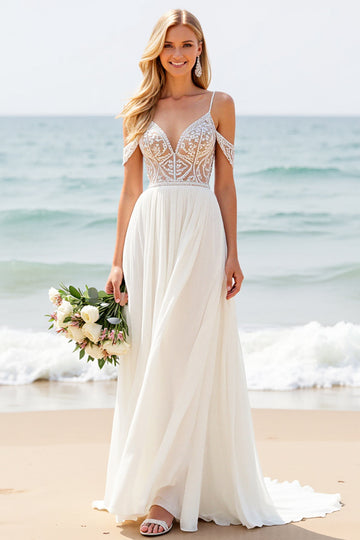 Chiffon Lace Cold Shoulder A Line Wedding Dress